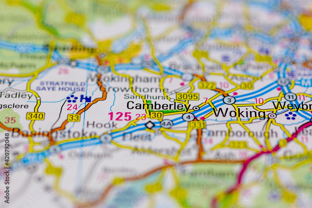 Map showing Camberley and Woking