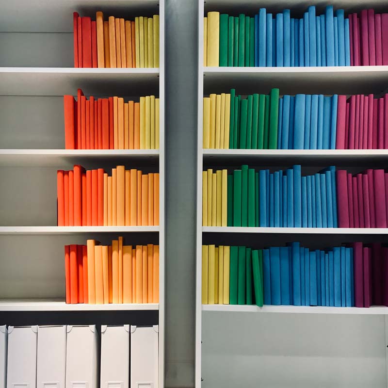 Colourful files on shelves