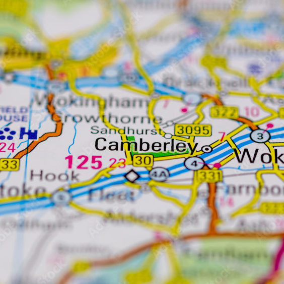 Map showing Camberley and Woking