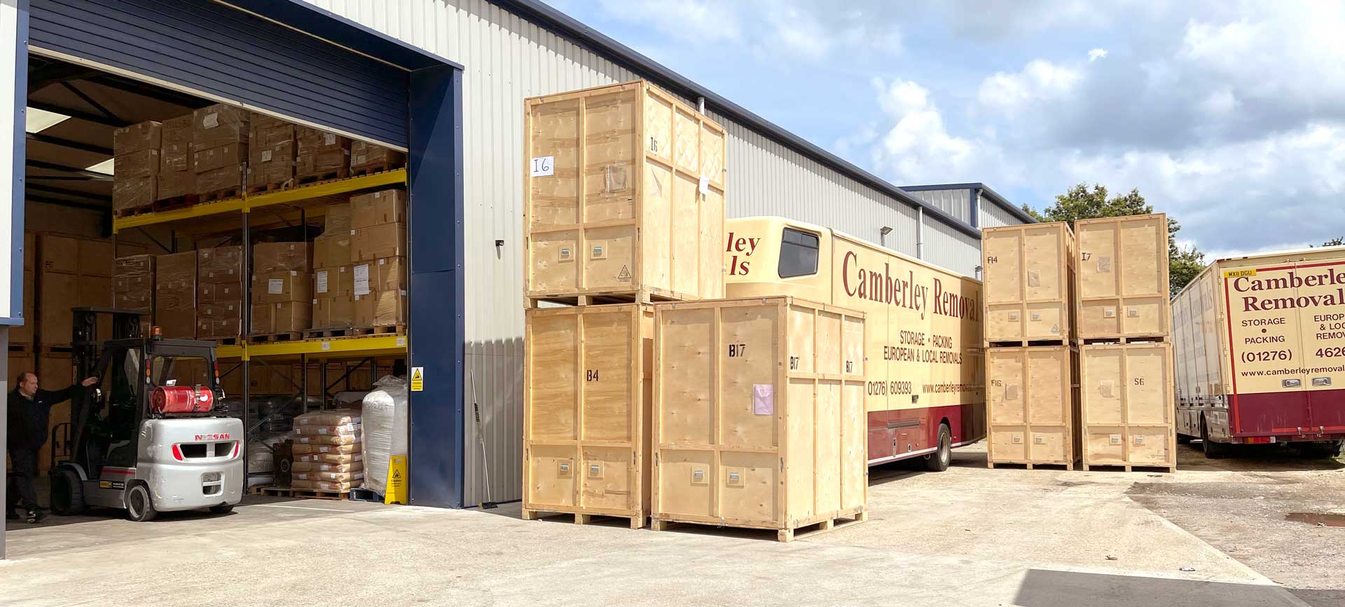 Containers outside Camberley Removals Warehouse